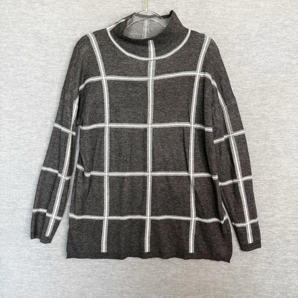Grace Elements Windowpane Mock Neck Sweater Women Size Large Gray White‎ Tunic